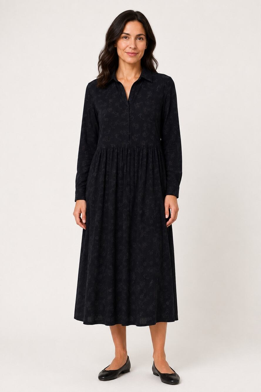 L.L.Bean Black Midi Dress Long Sleeve Button Front Floral Cottagecore Sz 12
